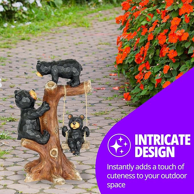 Exhart Garden Sculpture, Bear Family Tree Garden Statue with Real Swing, Outdoor Lawn and Yard Art Decoration, 9 x 6.5 x 14 Inch
