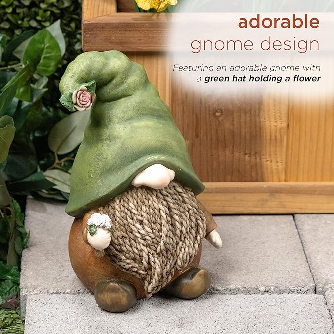 Alpine Corporation QWR1442 Gnome with Green Hat Holding a Flower, Playful Décor for Garden, Patio, & Lawn, 10" H, Multicolor