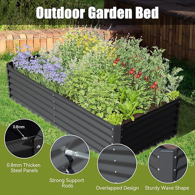 Domi Galvanized Raised Garden Bed, Outdoor Planter Garden Boxes Large Metal Planter Box for Gardening Vegetables Fruits Flowers, Dark Grey (8x4x1.5ft)