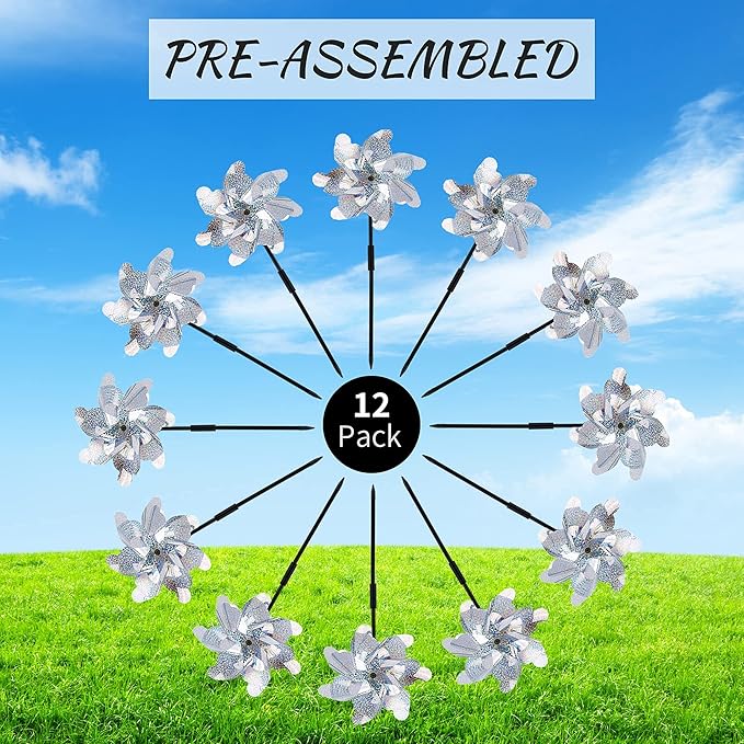 BATTIFE 12 Pack Pre-Assemble Sparkly Reflective Pinwheels | Silver Bird Blindness Pin Wheel | Scare Birds & Animals Away | Wind Spinner for Yard and Garden