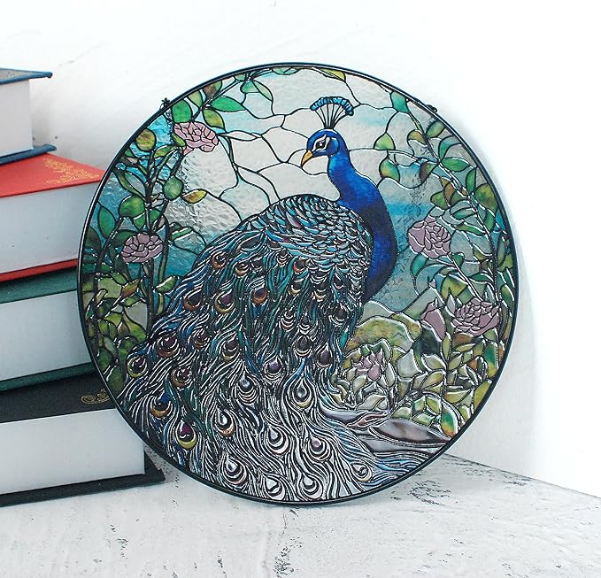 7.8'' Peacock Decor Suncatcher Stained Glass - Originally Designed Peacock Suncatchers for Sun Catchers Indoor Window | Gifts for Peacock Lovers Painted Glass Panel Decor Themed Gift