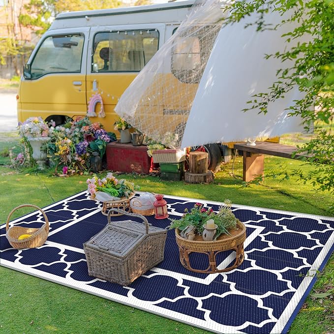 GENIMO 3' x 5' Outdoor Rug Waterproof for Patio Decor, Foldable Reversible Plastic Straw Area Rugs Mat for Camper, Outside Carpet for Rv, Deck, Porch, Picnic, Beach, Balcony, Blue & White