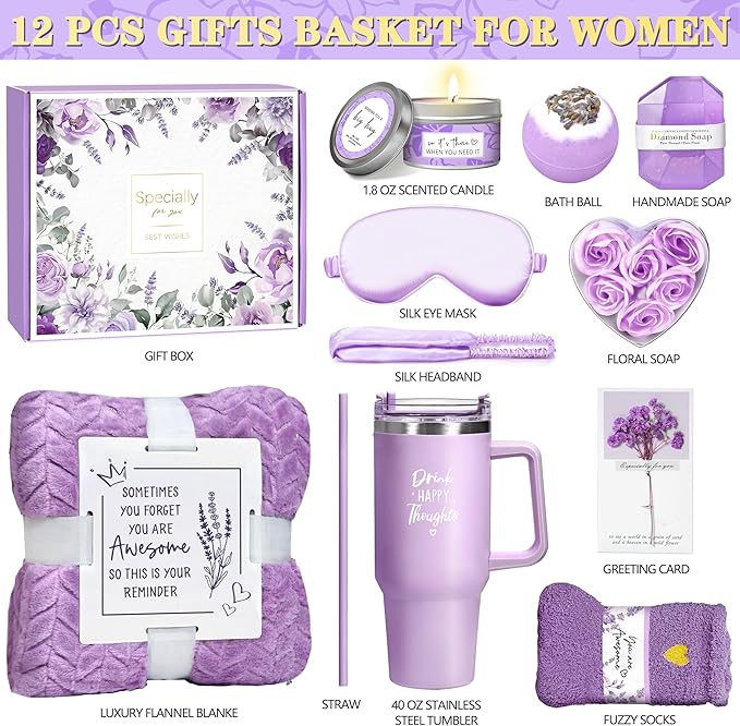 Birthday Gifts for Women Self Care Get Well Soon Gifts, Lavender Relaxing Spa Gift Basket - Care Package w/ Luxury Flannel Blanket & 40 oz Tumbler, Mother's Day Christmas Gift for Mom Her Wife Sister