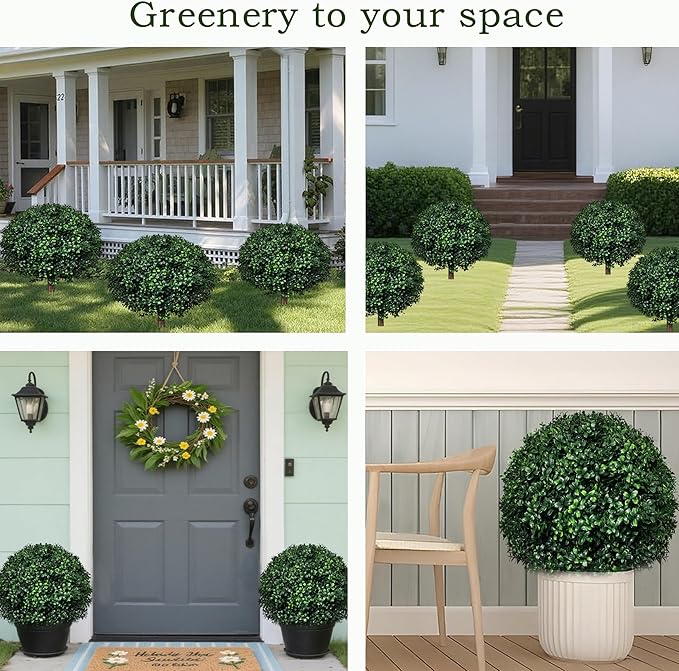 Artificial Boxwood Topiary Ball Tree Outdoor Set of 2,Artificial Boxwood Plants with Ground Spike,Faux Shrubs Fake Evergreen Tree UV Resistant,Diameter 17"