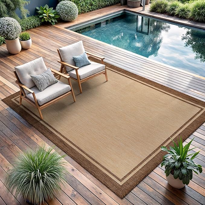 CAMILSON Indoor Outdoor Rug, 10x14 Bordered Natural Brown Modern Large Area Rugs for Indoor and Outdoor Patios, Kitchen and Hallway Mats, Washable Porch Deck Outside Carpet (Jute, 10 x 14)