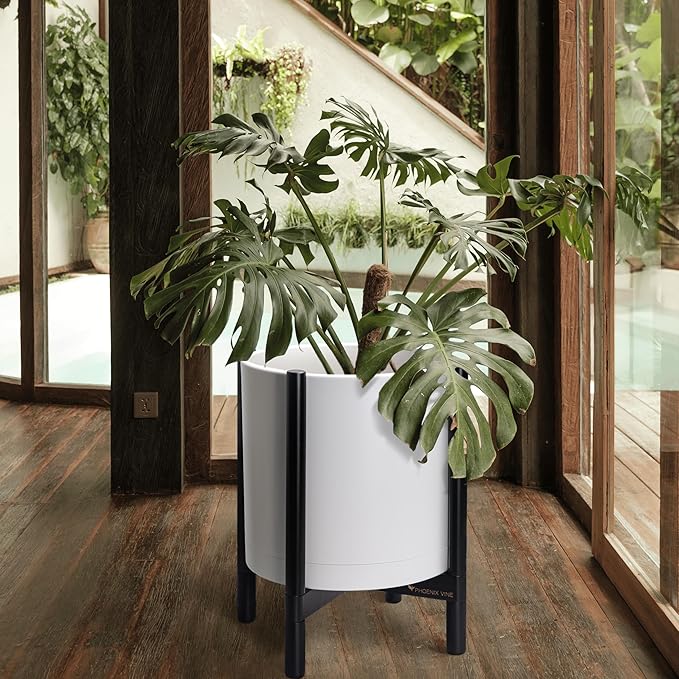 D'vine Dev Planter Pot with Stand - 16 Inch Plastic Cylinder Flower Pot with Wood Planter Holder for Indoor, Matte White Pot + Ebony Stand, 55-C-Z-1