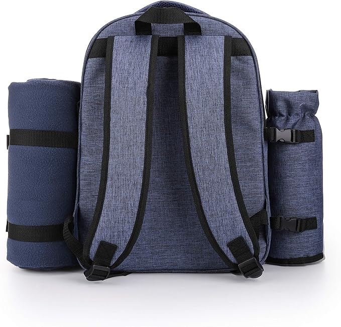 Apollo Walker Picnic Backpack Bag for 2 Person with Cooler Compartment, Detachable Bottle/Wine Holder, Fleece Blanket, Plates and Cutlery Set (2 Person, Navy)