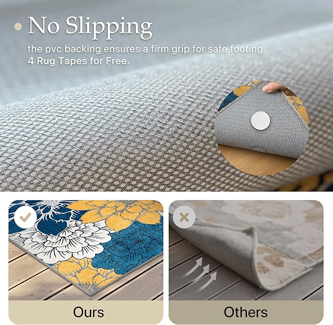 GENIMO Indoor Outdoor Area Rug 6' X 9' Waterproof, Washable Patio Rug Non Shedding, Easy Cleaning Floral Outdoor Carpet for Living Room, Bedroom, Dining Room, Balcony, Backyard, Deck, RV, Blue