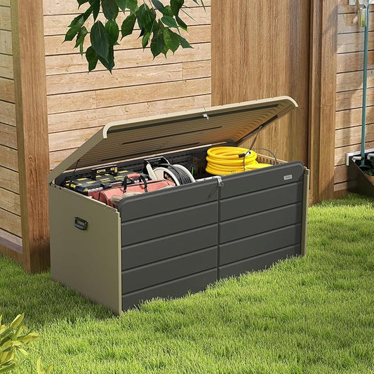 Domi 160 Gallon Resin Deck Box, Waterproof & UV-Resistant Outdoor Large Storage Box Lockable Storage Bin for Patio Cushions Pool Supplies Garden Tools and Delivery Storage