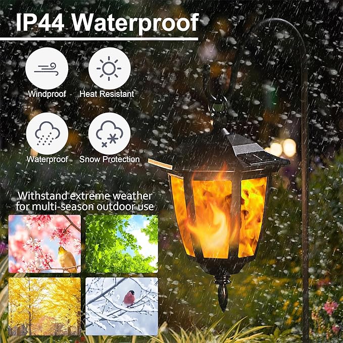 Dynaming 6 Pack Solar Flame Hanging Lights Outdoor, Solar Flickering Flame LED Garden Lanterns with 6 x 38 Inch Shepherd Hooks, Landscape Lighting Waterproof for Lawn Patio Yard Pathway Driveway