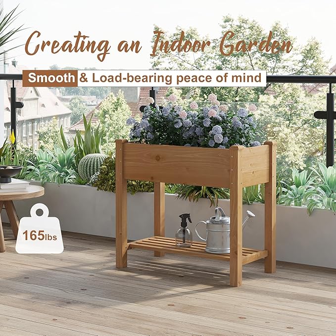 FILWH Raised Garden Bed with Legs Elevated Wooden Planter Box Stand Large Planter Stand Box for Fruits Vegetables Flowers with Divider with Bag - 34x18x30.5IN（Brown）