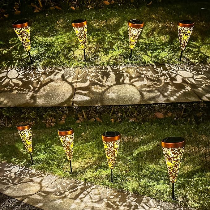 DIBIEECN 4 Pack Sun and Moon Solar Garden Pathway Lights Outdoor,Metal Garden Decorations Outdoor Lights with Patterns and Warm Light,Waterproof Landscape Lighting for Path Patio Backyard Yard