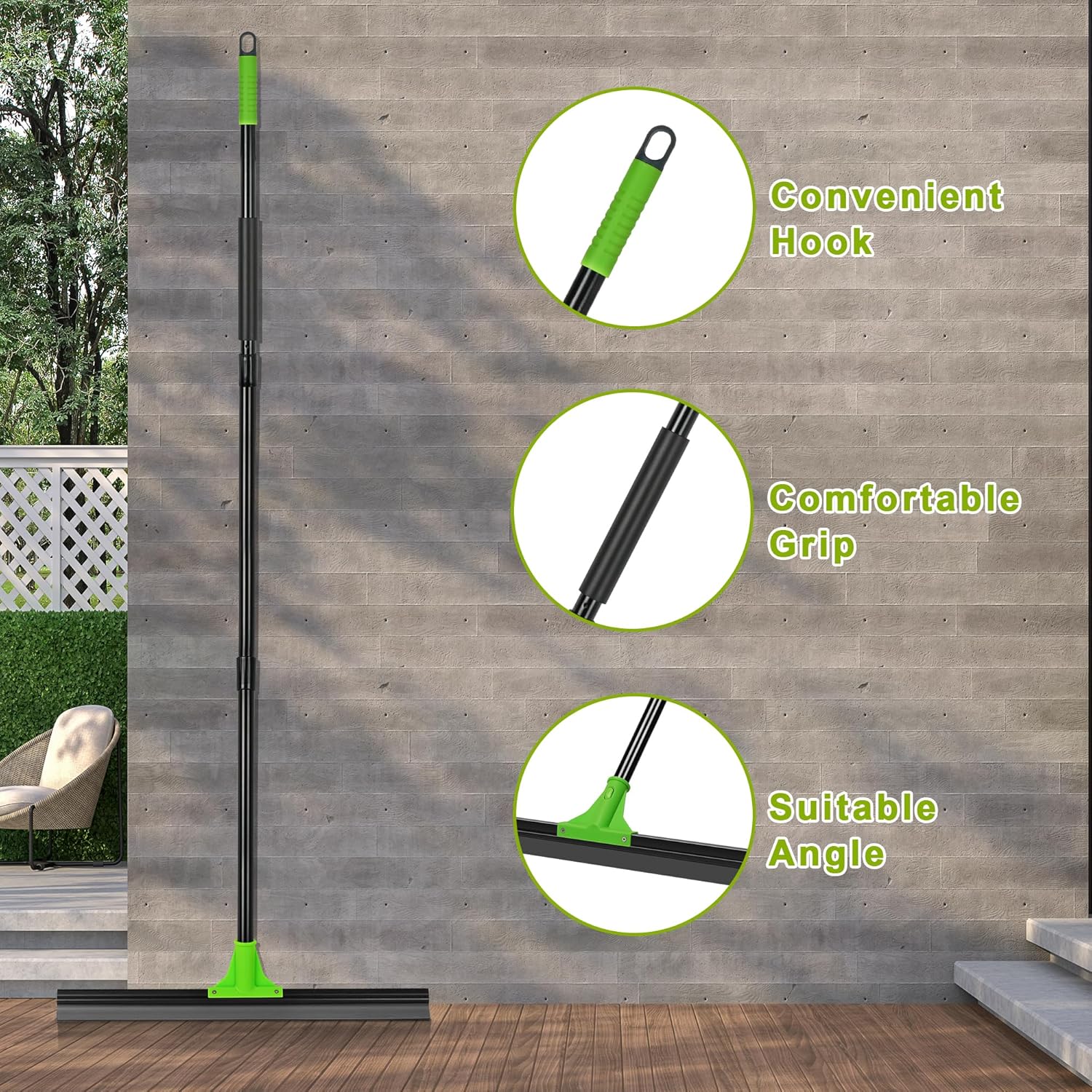 Rubber Floor Squeegee with 24” Heavy Duty Silicone Rubber Scraper Head and 60” Long Adjustable Handle, Shower Squeegees for Concrete Floor, on Multi-Surface Tile Glass Pool Garage Cleaning