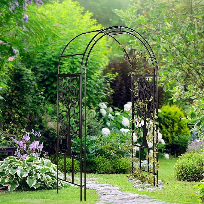 Evergreen Plow & Hearth Tree of Life Garden Arbor - 7 Feet Tall | Slim Metal Arch with Iron Trellis for Climbing Plants | Elegant Wedding Arbor | Outdoor Patio & Garden Decor