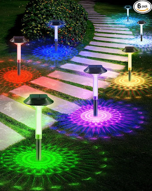 Color Changing Solar Pathway Lights - 6 Pack IP68 Waterproof Outdoor Solar Lights with 7 RGB Lighting Modes for Yard, Garden, Walkway, Pathway, Backyard, Lawn, Landscape Decoration