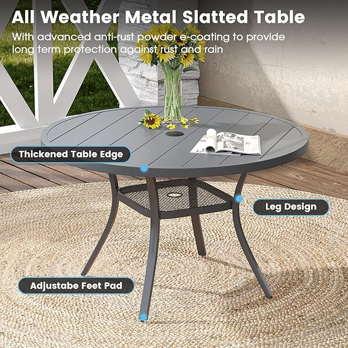 DIFY Outdoor Dining Table for 4, Round Patio Table with Umbrella Hole for Garden, Backyard and Porch (Dark Grey)