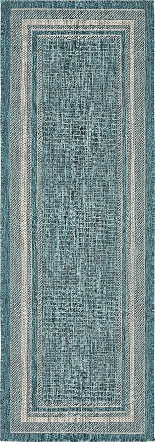 Unique Loom Outdoor Border Collection Area Rug - Soft Border (2'x 6' 1" Runner, Teal/ Ivory)