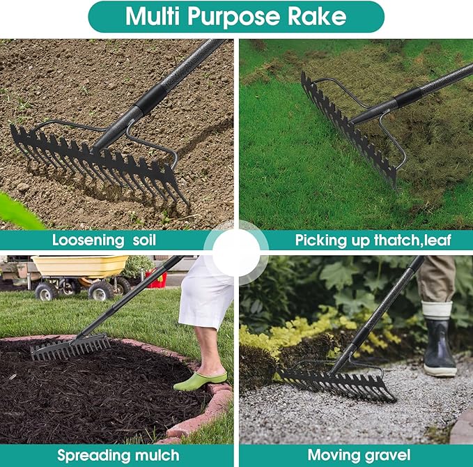 Garden Rake:63 Inch Metal Garden Leaf Rake with 17 Tines, Heavy Duty Bow Rakes for Lawn Yard Leaves Debris Mulch Gravel Thatch Clean,Lawn Care Gardening Landscaping