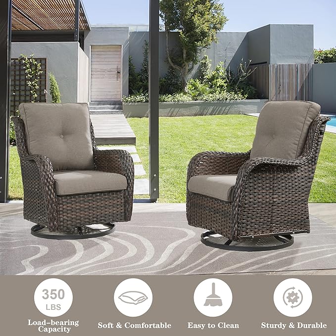 5 Piece Outdoor Patio Furniture Set - Wicker Furniture Patio Conversation Set, Outdoor Swivel Rocker Chairs with Loveseat Sofa and 2 Ottomans for Small Space, Gray Cushion