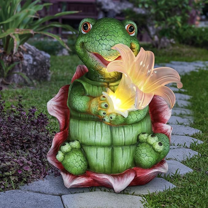 Exhart Solar Turtle Garden Statue, LED Lily Flower, Durable Resin, Cute Yard Décor, 7.5"x5.5"x8.5"