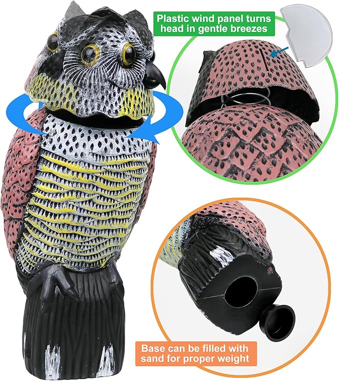 Galashield Owl Decoy to Scare Birds Away Scarecrow Fake Owl with Rotating Head 16" Tall (2 Pack)