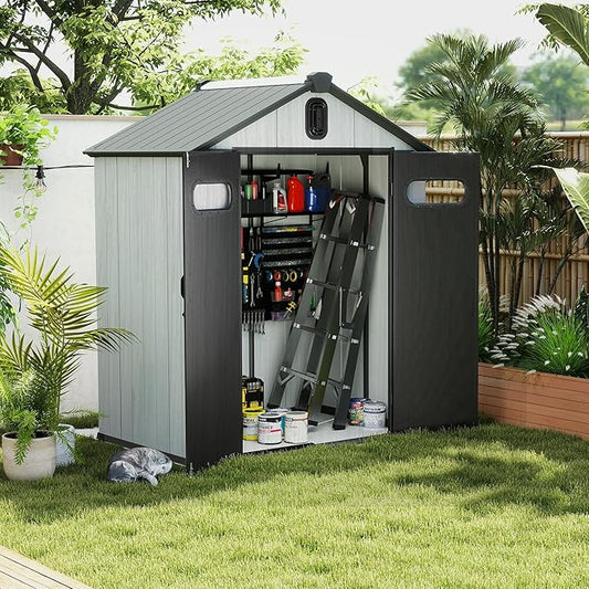 Domi 6x4FT Outdoor Resin Storage Shed with Transparent Windows & Louvered Vents, Plastic Tool Shed with Double Lockable Doors & Gable Roof, Outside Garden Shed for Backyard, Patio, Lawn, Grey