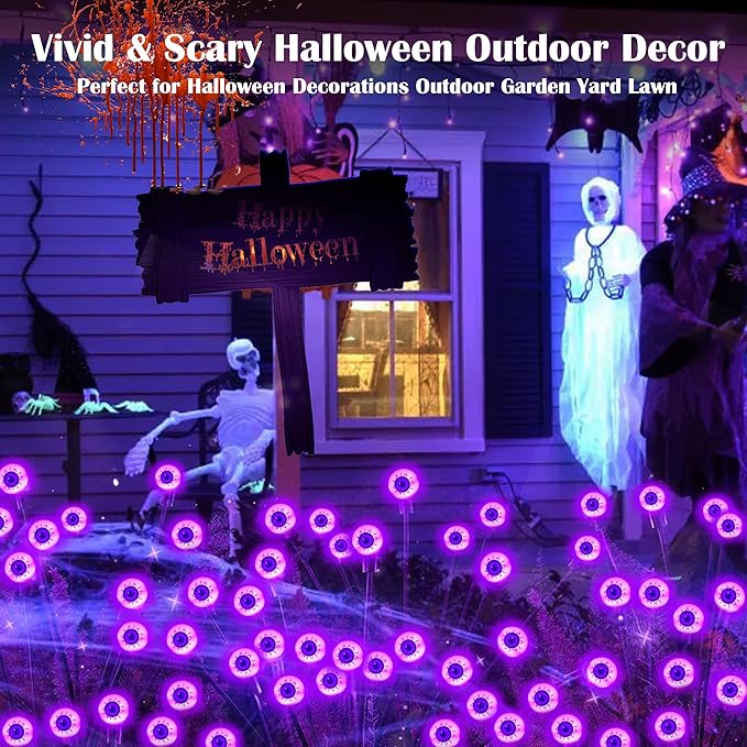 4 Pack Solar Purple LED Eyeball Halloween Outdoor Lights - Waterproof, Swaying Fairy Lights for Pathway, Yard & Garden Decorations