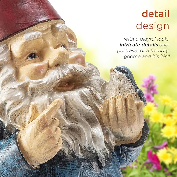 Alpine Corporation 12" Tall Outdoor Garden Gnome with Bird Yard Statue Decoration, Multicolor