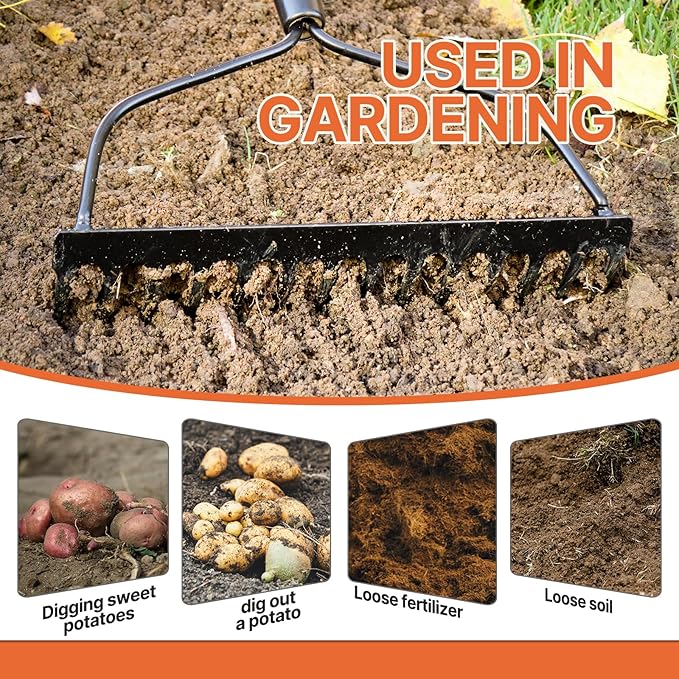 Garden Rake Heavy Duty with Orange Fiberglass Handle - 14-Tooth Metal Yard Hard Rake for Gardening, Farming, and Yard Work ,57 Inch