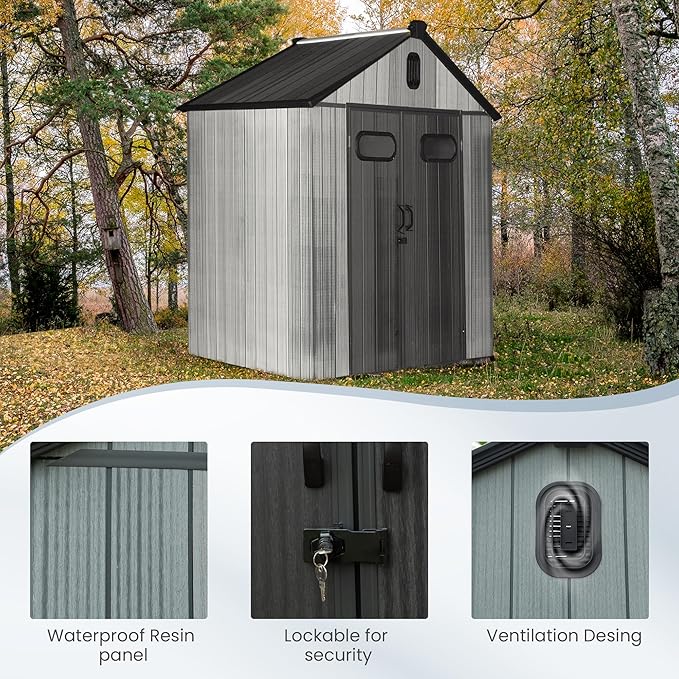Domi 6x4 FT Outdoor Resin Storage Shed, All-Weather Double-Wall Storage Building for Backyard, Garden, Lawn Tools, Mower, Bike & Pool Equipment, Lockable Doors, Ventilated Roof, Grey