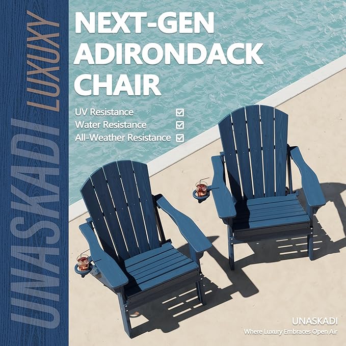 Folding Adirondack Chair with Cup Holder, HDPE All Weather Resistant Plastic Outdoor Patio Chairs, Heavy Duty Fire Pit Seating for Backyard Lawn Garden, Wooden Textured Design(Navy Blue)
