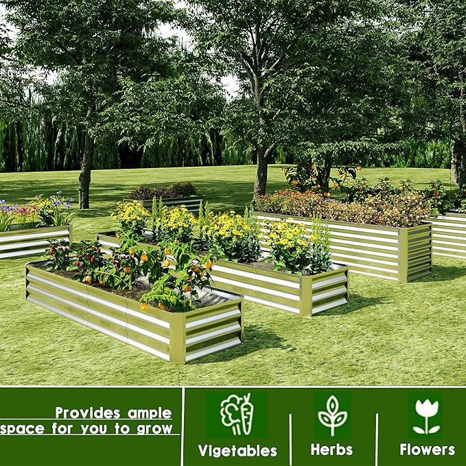 EKX 2pcs 8x2x1FT Galvanized Raised Garden Bed, Raised Garden Bed Kit-Metal Planter Box Outdoor,Planting for Vegetables, Fruits,Herbs, Flowers-Slive