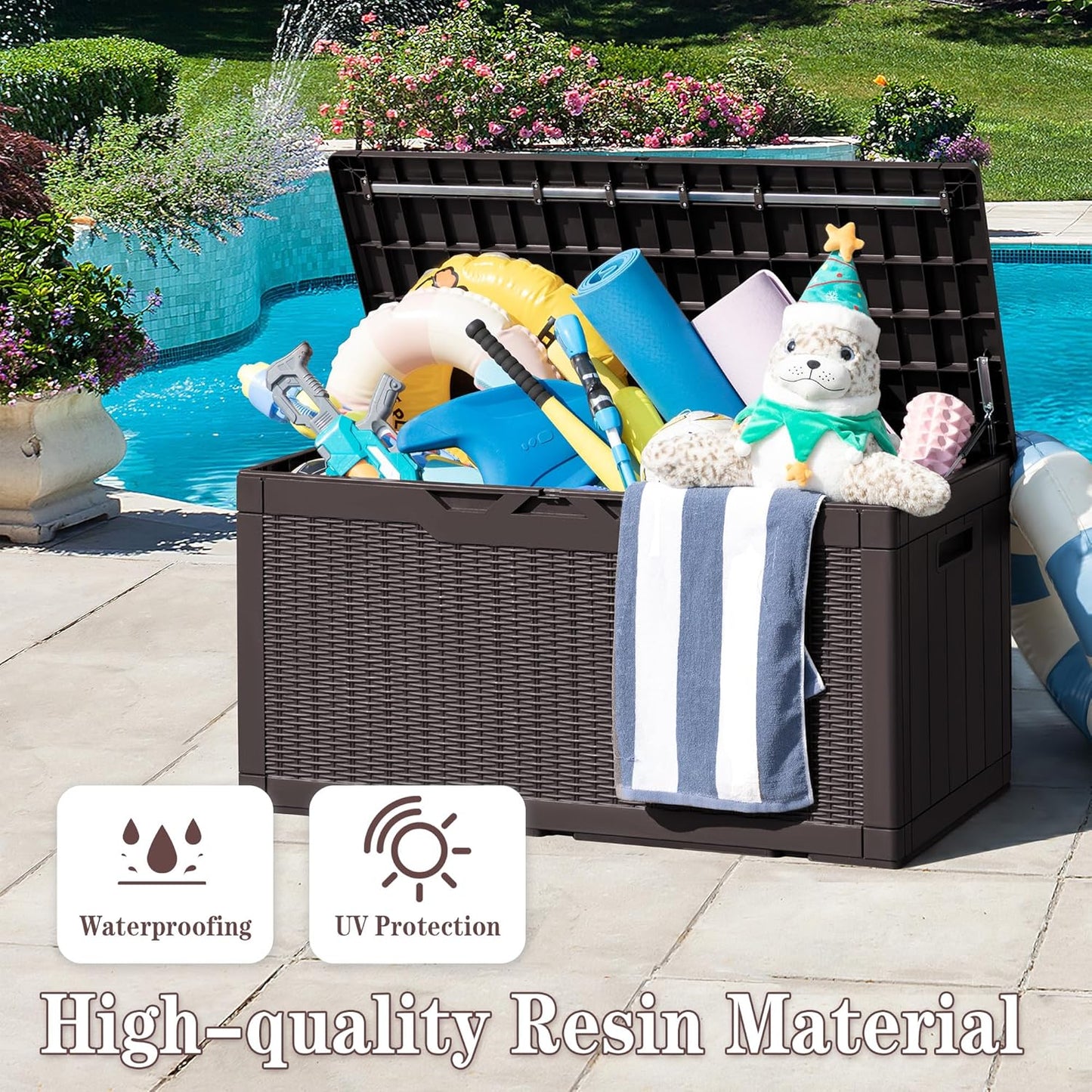 Greesum 100 Gallon Resin Deck Box Large Outdoor Storage Boxes with Cushions for Garden Tools, Patio Furniture Pillows, Pool Supplies, Dark Brown