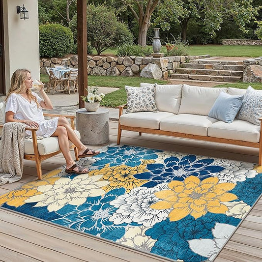 GENIMO Indoor Outdoor Area Rug 5' X 7' Waterproof, Washable Patio Rug Non Shedding, Easy Cleaning Floral Outdoor Carpet for Living Room, Bedroom, Dining Room, Balcony, Backyard, Deck, RV, Blue