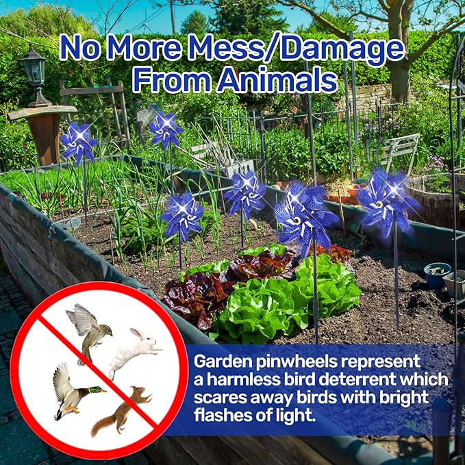 BATTIFE 10 Packs Blue Pinwheels for Yard and Garden, Sparkly Reflective Pinwheel for Scare Birds Away, Wind Spinner Deterrent Outdoor