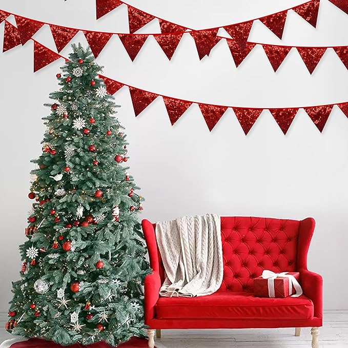 Pinkblume Red Decorations Double Sided Sequin Fabric Triangle Pennant Banner Flag Bunting Garland for Theme Nursery Classroom Home Bedroom Wall Valentines Day Holiday Christmas Decor