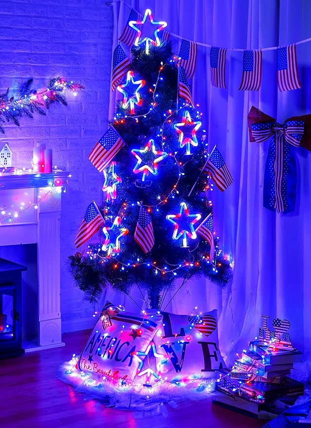 Brightown Red White and Blue Lights, 4th of July Decorations Outdoor, 8 Large Neon Star Pathway Lights Plug in, Patriotic Decorations Fourth of July Decor for Independence Day Garden Yard Outside