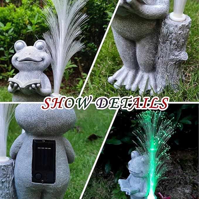 Frog Statue Solar Garden Decor,Resin Frog Statues and Colour Changing Optical Fiber Solar Lights,Outdoor Decoration for Balcony, Garden, Patio, Yard, Lawn,Gifts for Mom Grandma