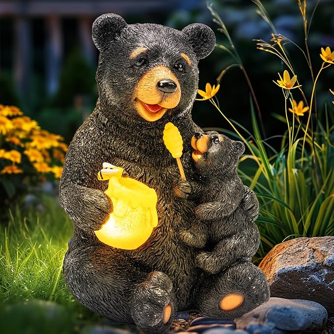 GIGALUMI Solar Garden Statues Loving Bear Figurine Lights for Outside, Yard Decorations Outdoor, Garden Decor Unique Birthday Housewarming Gifts for Mom, Women, Black
