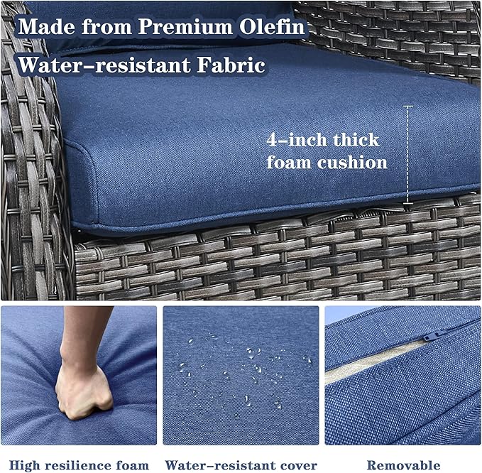 5 Piece Outdoor Patio Furniture Set - Outdoor Conversation Couch and Loveseat Glider Chair Furniture Set with Rattan Coffee Table for Deck Balcony Poolside Gray Wicker/Blue Cushions