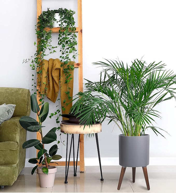 D'vine Dev 10 Inch Planter Pot with Stand, Mid-Century Tall Plant Pot with Legs for Indoor Plants, Medium, Grey, 88-O-B-3