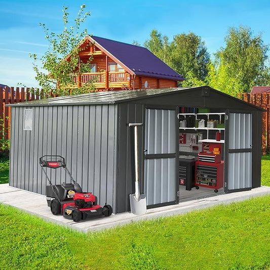 Domi Outdoor Storage Shed 11' x 12.5', Metal Sheds Steel Utility Tool Storage House with Double Lockable Doors & Air Vents for Patio Garden Lawn Backyard, Dark Gray