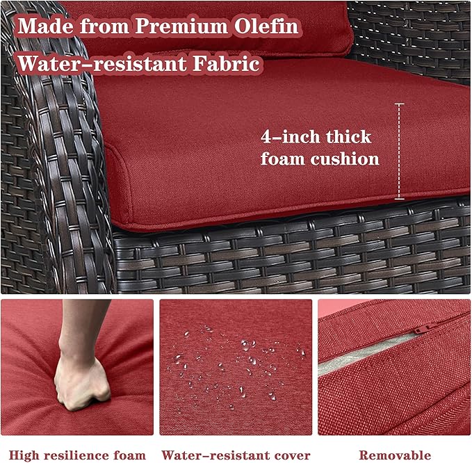 5 Pieces Patio Wicker Furniture Set - 4 Outdoor Swivel Rocker Glider Chairs with 50000BTU Propane Fire Pit Table, Warm Patio Conversation Set Red Cushion Perfect for Casual Gathering