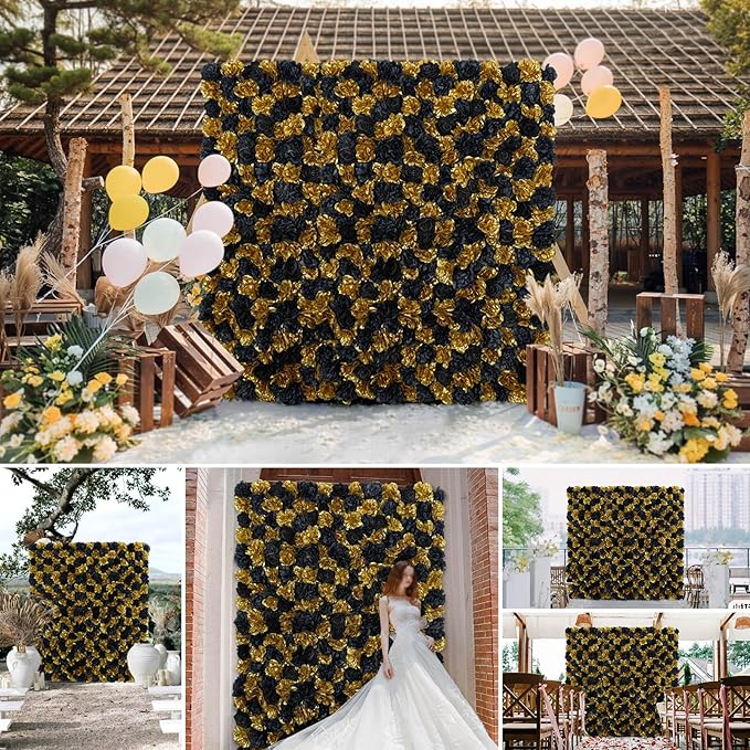 Artificial Flower Panels Rose Black Gold 15 * 15inch -12Pack 3D Floral Wall Backdrop for Party Stage Event Party Gothic Live Streaming Photography Anniversary Background Arrangement Decor