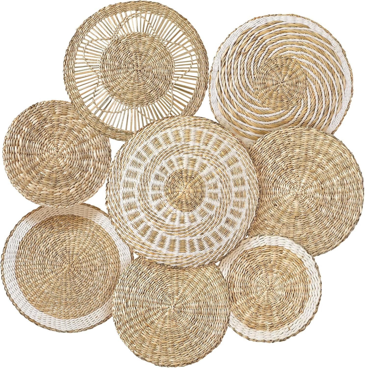 Xuhal Set of 8 Hanging Woven Wall Basket Handmade Decorative Rustic Boho Basket Decor Handcrafted Wicker Round Seagrass Wall Art for Home Kitchen Farmhouse Table Living Room