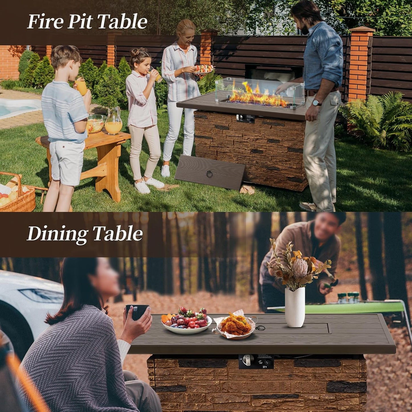 43” Propane Fire Pit Table Outdoor Rectangular Stone Firepit Table 50,000 Btu Propane Fire Tables for Outside Patio with Glass Wind Guard, Lid, Fire Glass Beads,Brown Rock Look