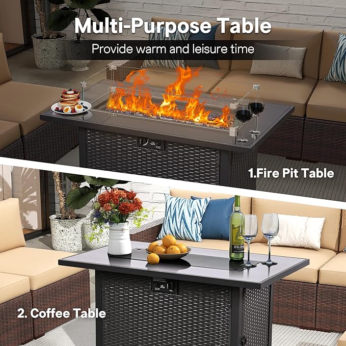 5 Piece Patio Furniture Set with 43" Propane Fire Pit Table, Outdoor Wicker Conversation Set, Rattan Modern Sectional Sofa Couch with Coffee Table for Backyard Porch Garden Poolside, Yellow-Black