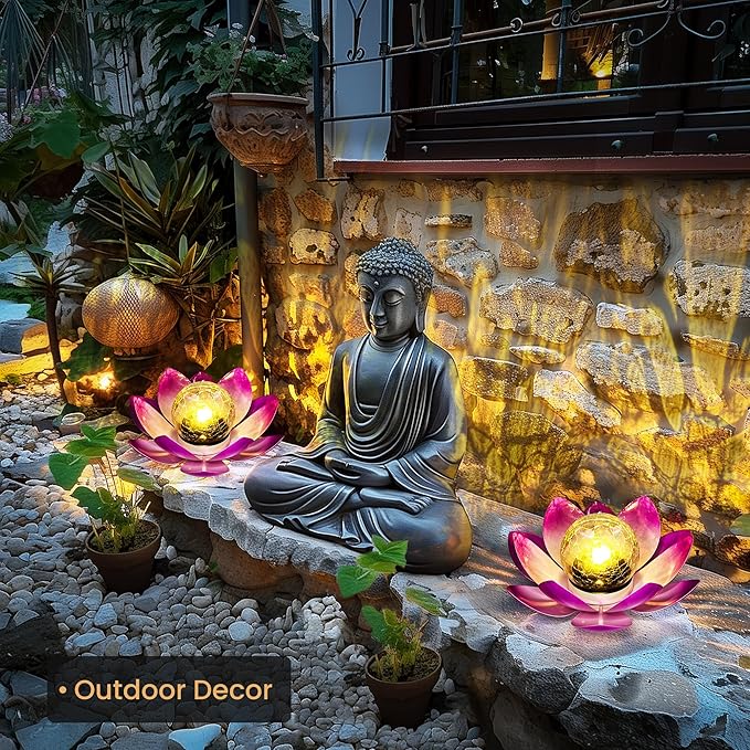 GIGALUMI Solar Light Outdoor Garden Decor, Lotus Flower Light Crackle Globe Glass Lantern Outdoor Table Decor Waterproof for Patio, Lawn, Pathway, Pool, Pond, Christmas Gift (Pink Petal)