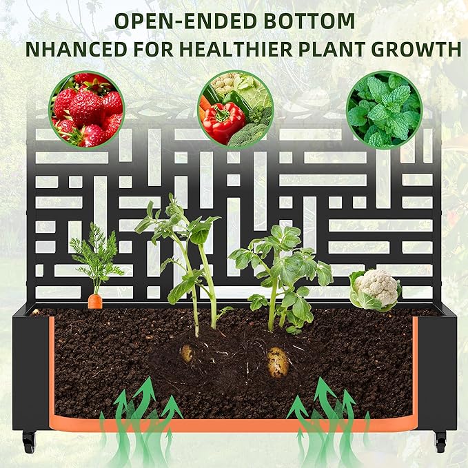 Casaphoria Metal Raised Garden Bed with Trellis and Wheels, 72"x47" Planter Box for Climbing Plants, Vines & Vegetables, Features Drainage Holes, Helen &Spring