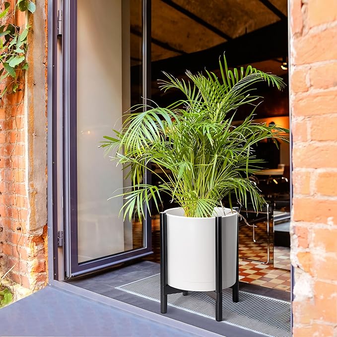 D'vine Dev Planter Pot with Stand - 16 Inch Plastic Cylinder Flower Pot with Wood Planter Holder for Indoor, Matte White Pot + Ebony Stand, 55-C-Z-1